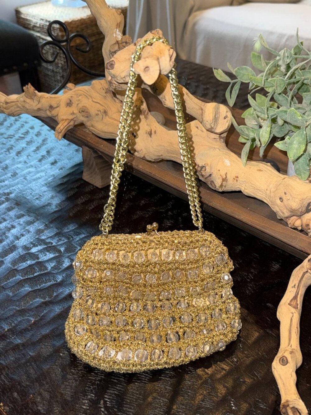 Vintage Beaded and Crochet Gold Evening Bag